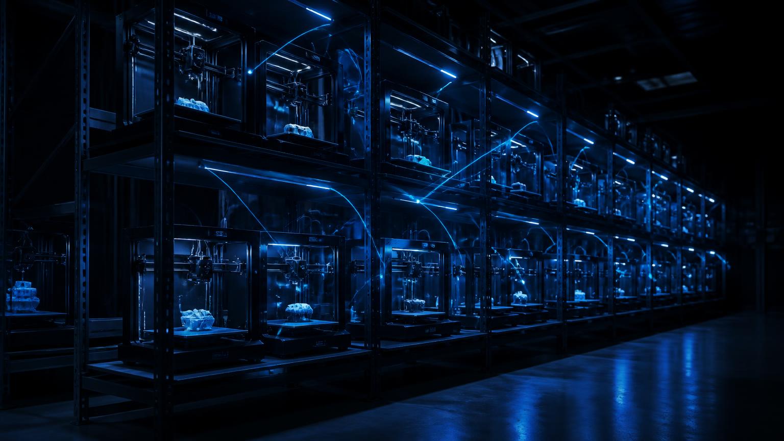 Racks of 3D printers in a Slant 3D print farm connected by glowing data lines